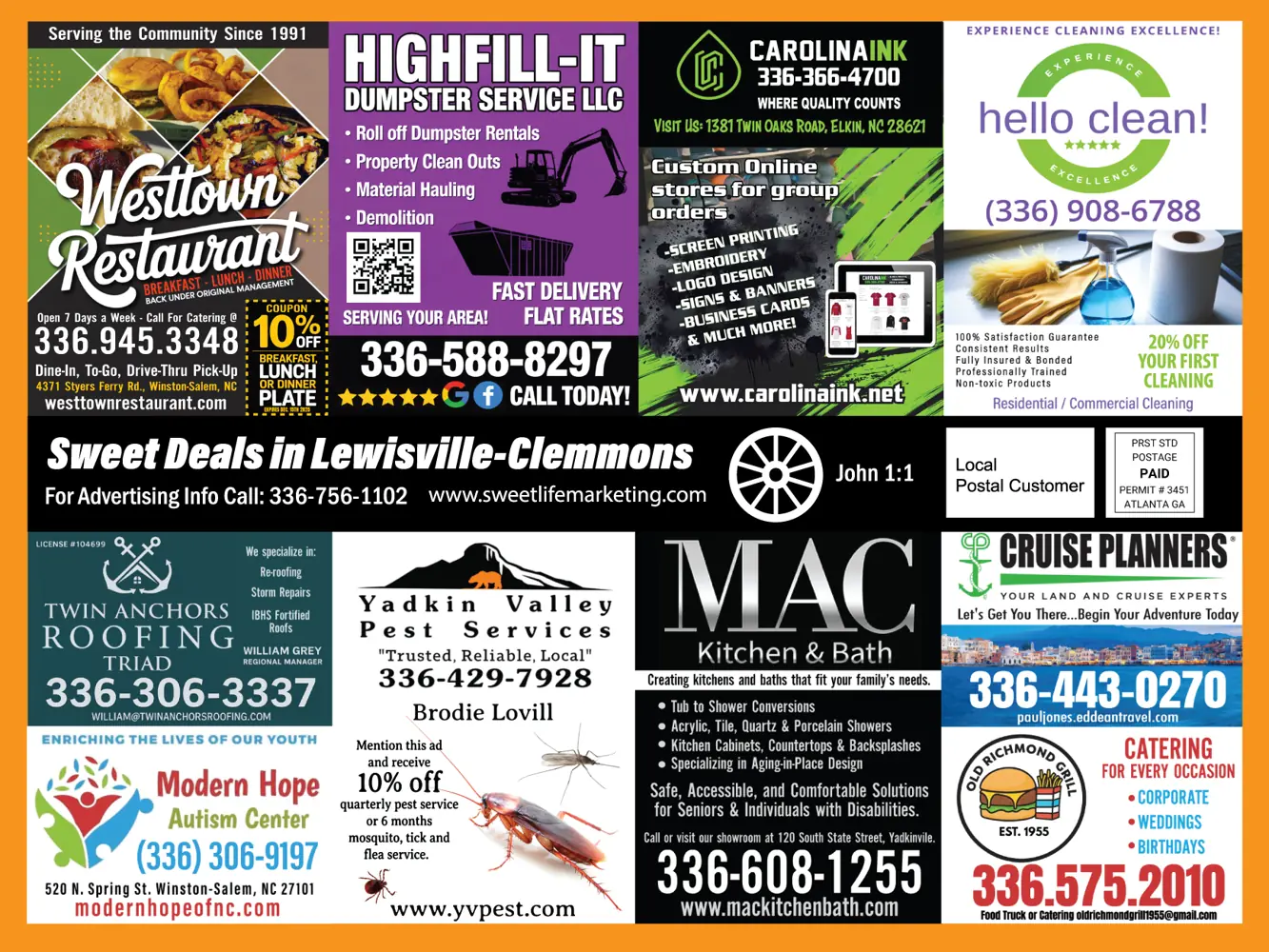 Front of the Lewisville–Clemmons Sweet Deals card